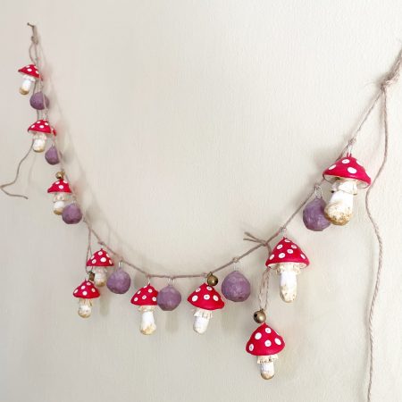 Handmade Enchanted Mushroom Garland with Clay Decorations, 66 cm