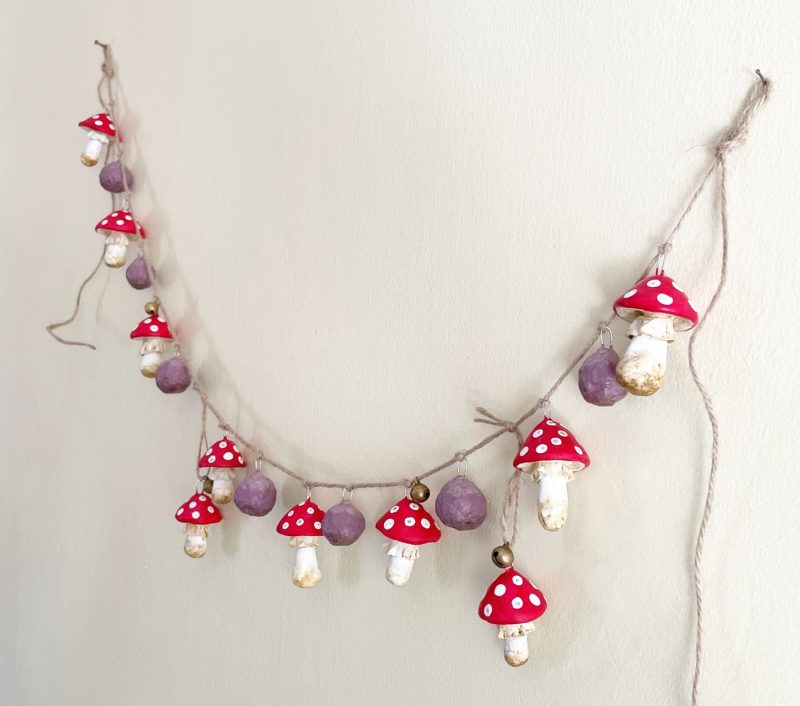 Handmade Enchanted Mushroom Garland with Clay Decorations, 66 cm