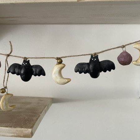 Moonlit Bats Halloween Garland with Clay Bats and Moons, 68cm