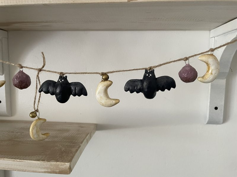 Moonlit Bats Halloween Garland with Clay Bats and Moons, 68cm