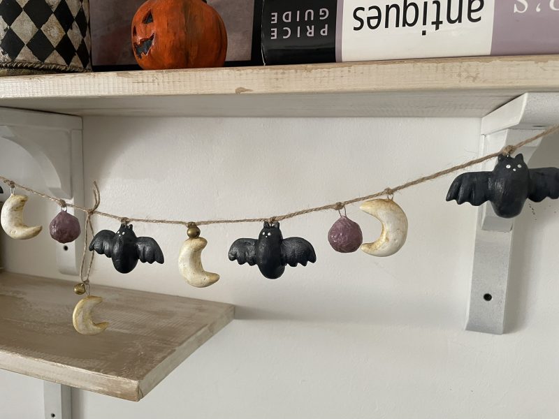 Moonlit Bats Halloween Garland with Clay Bats and Moons, 68cm