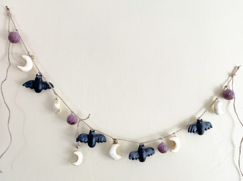 Moonlit Bats Halloween Garland with Clay Bats and Moons, 68cm