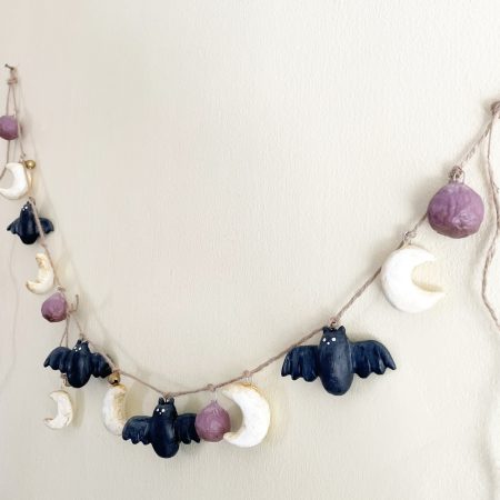 Moonlit Bats Halloween Garland with Clay Bats and Moons, 68cm
