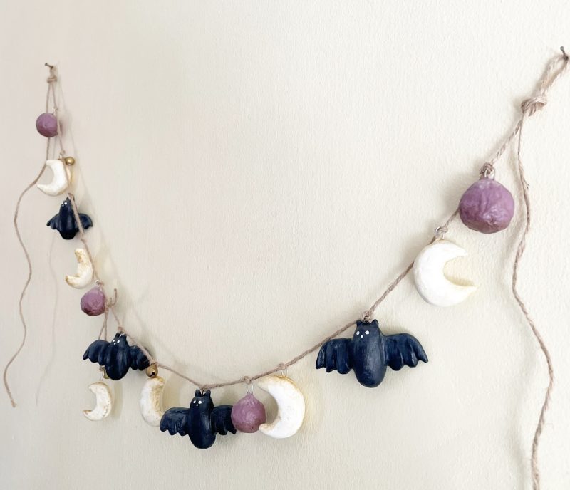 Moonlit Bats Halloween Garland with Clay Bats and Moons, 68cm