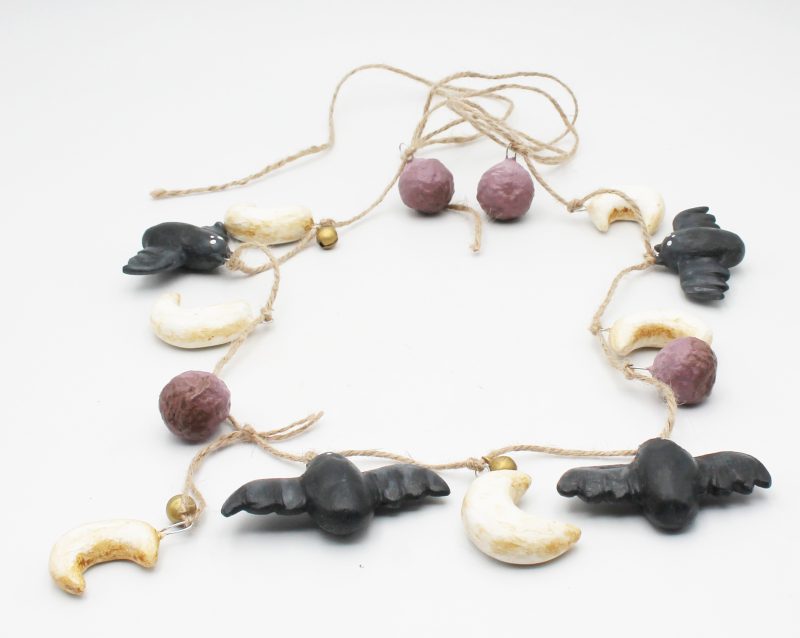Moonlit Bats Halloween Garland with Clay Bats and Moons, 68cm