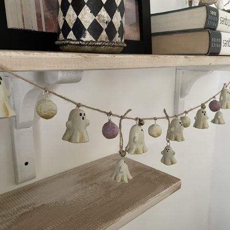 Handmade Halloween Garland with Paper Clay Ghosts and Bells, 64cm