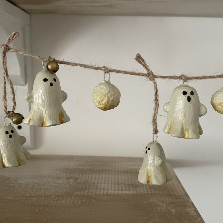 Handmade Halloween Garland with Paper Clay Ghosts and Bells, 64cm
