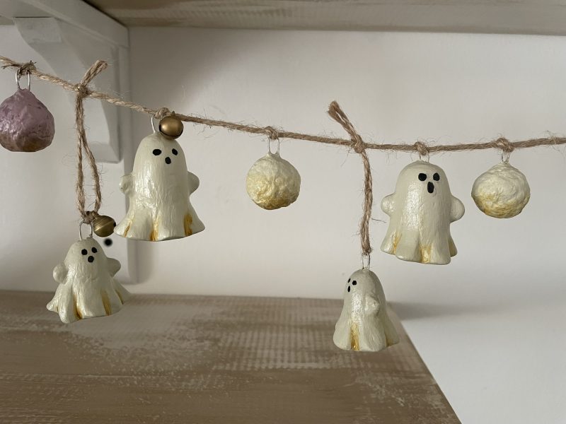 Handmade Halloween Garland with Paper Clay Ghosts and Bells, 64cm