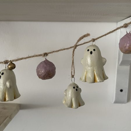 Handmade Halloween Garland with Paper Clay Ghosts and Bells, 64cm