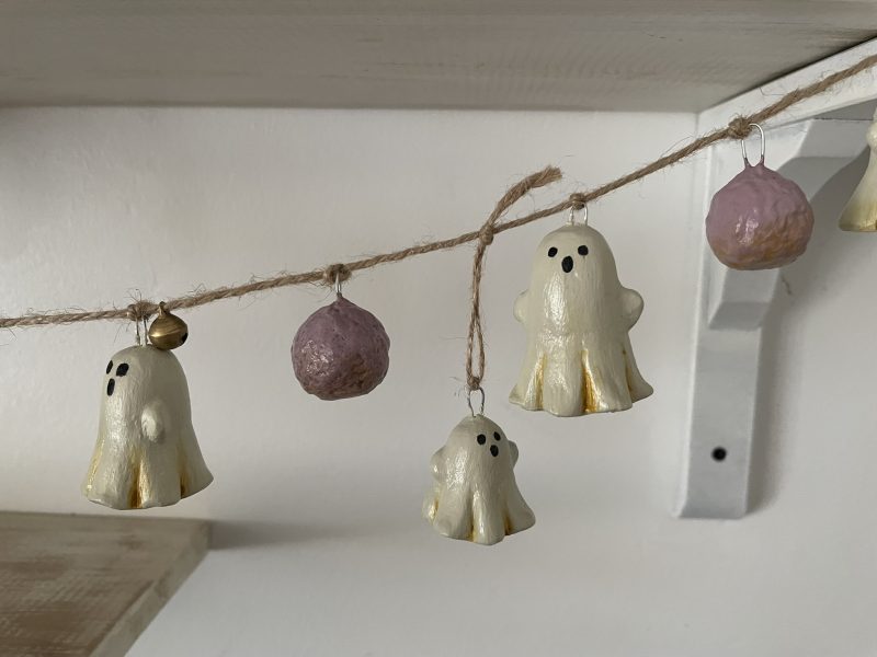 Handmade Halloween Garland with Paper Clay Ghosts and Bells, 64cm