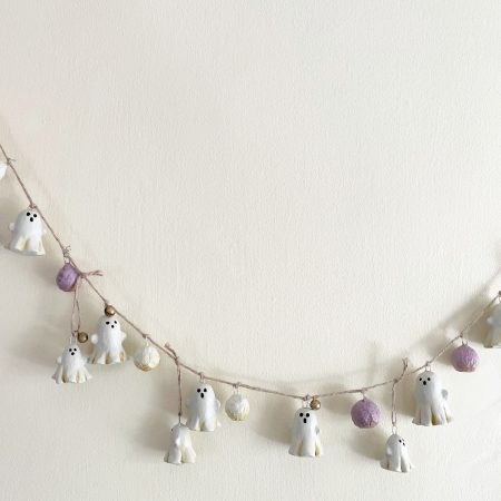 Handmade Halloween Garland with Paper Clay Ghosts and Bells, 64cm
