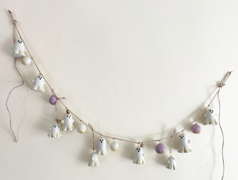 Handmade Halloween Garland with Paper Clay Ghosts and Bells, 64cm