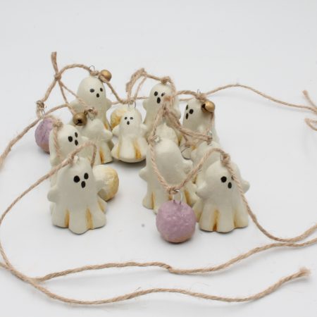 Handmade Halloween Garland with Paper Clay Ghosts and Bells, 64cm