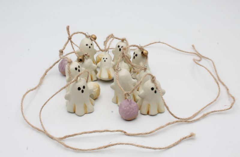 Handmade Halloween Garland with Paper Clay Ghosts and Bells, 64cm