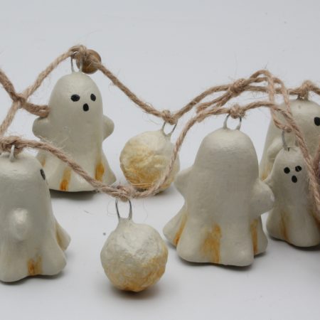 Handmade Halloween Garland with Paper Clay Ghosts and Bells, 64cm