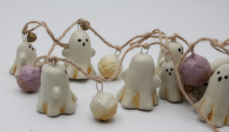 Handmade Halloween Garland with Paper Clay Ghosts and Bells, 64cm