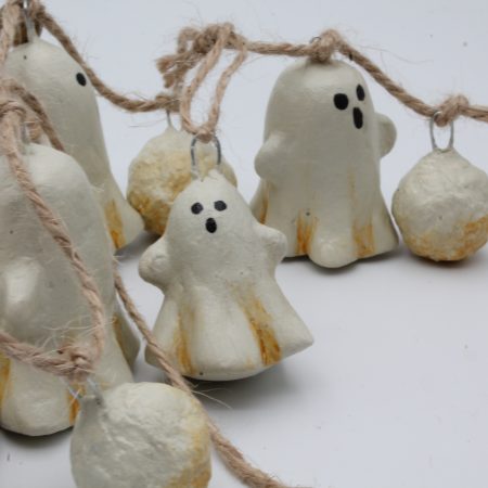 Handmade Halloween Garland with Paper Clay Ghosts and Bells, 64cm