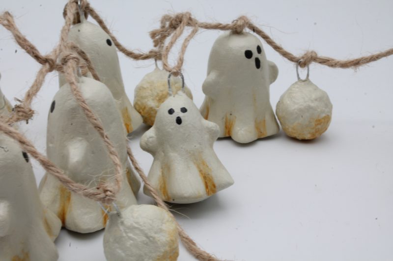 Handmade Halloween Garland with Paper Clay Ghosts and Bells, 64cm