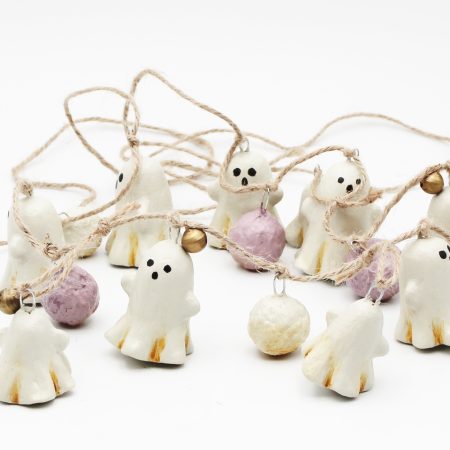 Handmade Halloween Garland with Paper Clay Ghosts and Bells, 64cm