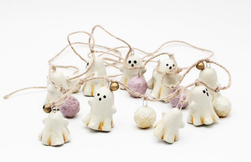 Handmade Halloween Garland with Paper Clay Ghosts and Bells, 64cm