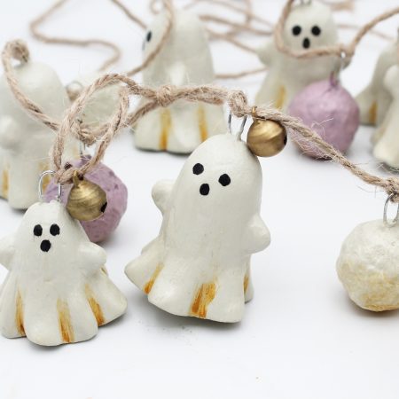 Handmade Halloween Garland with Paper Clay Ghosts and Bells, 64cm