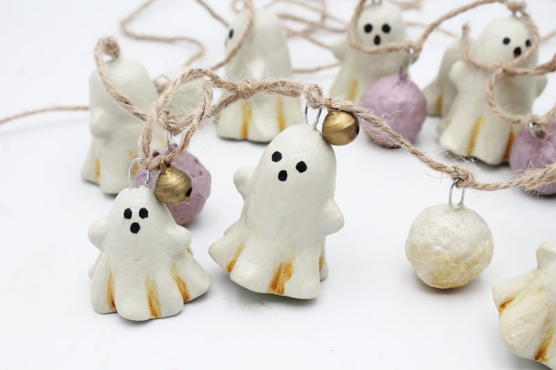 Handmade Halloween Garland with Paper Clay Ghosts and Bells, 64cm