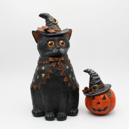 Handmade Halloween Cat Algernon with Pumpkin, Paper Clay Figurine