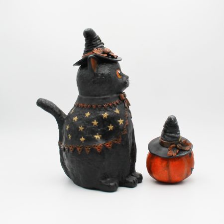 Handmade Halloween Cat Algernon with Pumpkin, Paper Clay Figurine