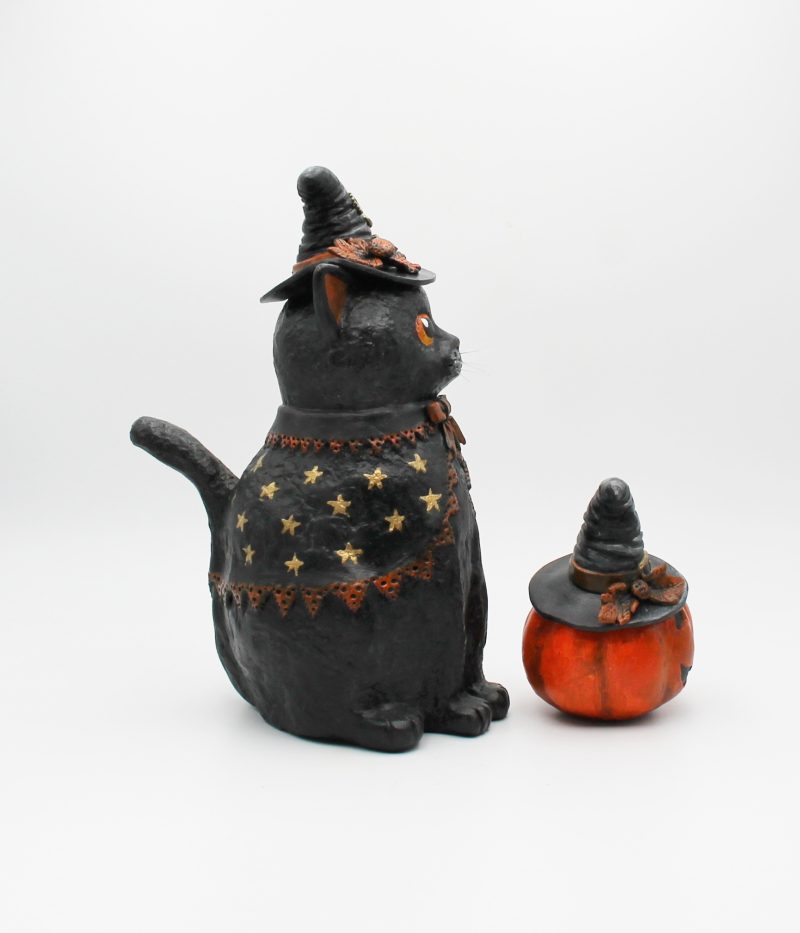 Handmade Halloween Cat Algernon with Pumpkin, Paper Clay Figurine