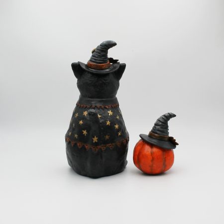 Handmade Halloween Cat Algernon with Pumpkin, Paper Clay Figurine