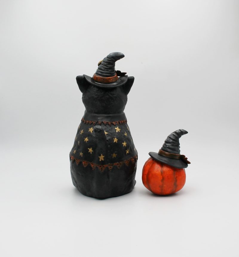 Handmade Halloween Cat Algernon with Pumpkin, Paper Clay Figurine