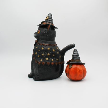 Handmade Halloween Cat Algernon with Pumpkin, Paper Clay Figurine