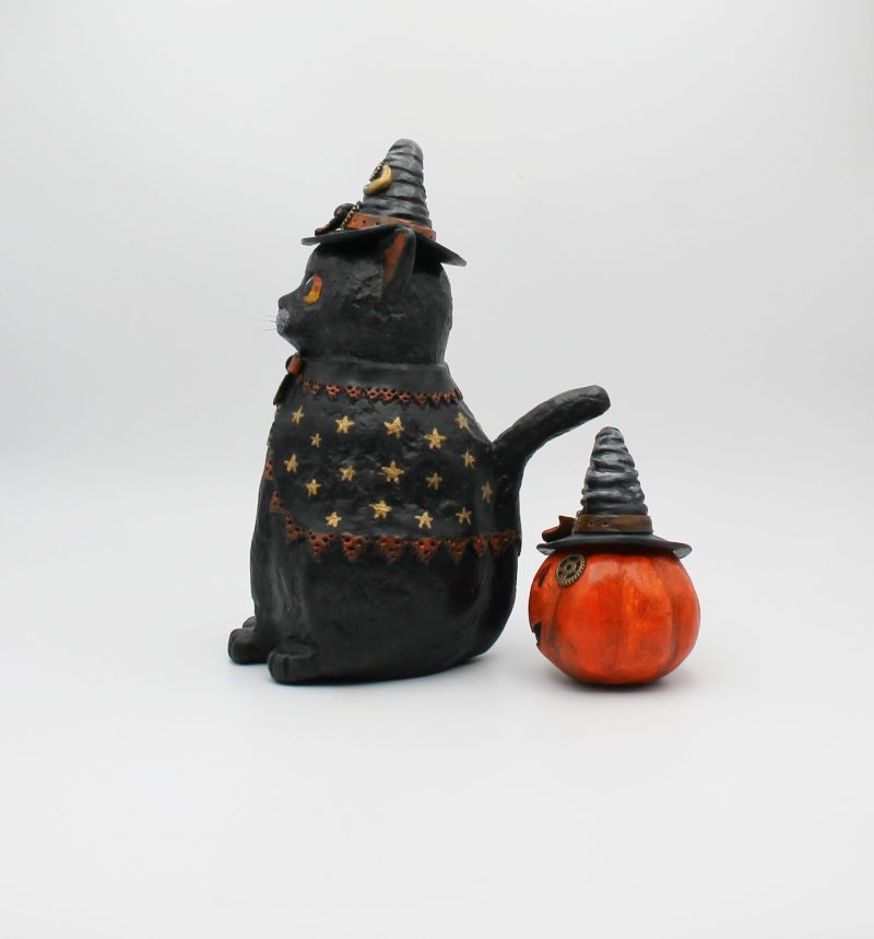 Handmade Halloween Cat Algernon with Pumpkin, Paper Clay Figurine