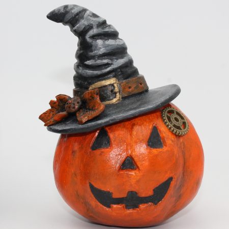Handmade Halloween Cat Algernon with Pumpkin, Paper Clay Figurine