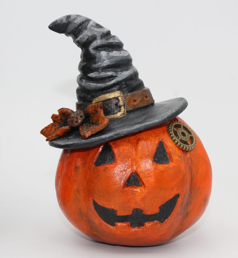 Handmade Halloween Cat Algernon with Pumpkin, Paper Clay Figurine