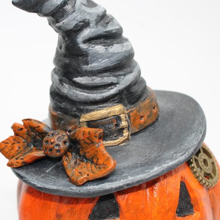 Handmade Halloween Cat Algernon with Pumpkin, Paper Clay Figurine