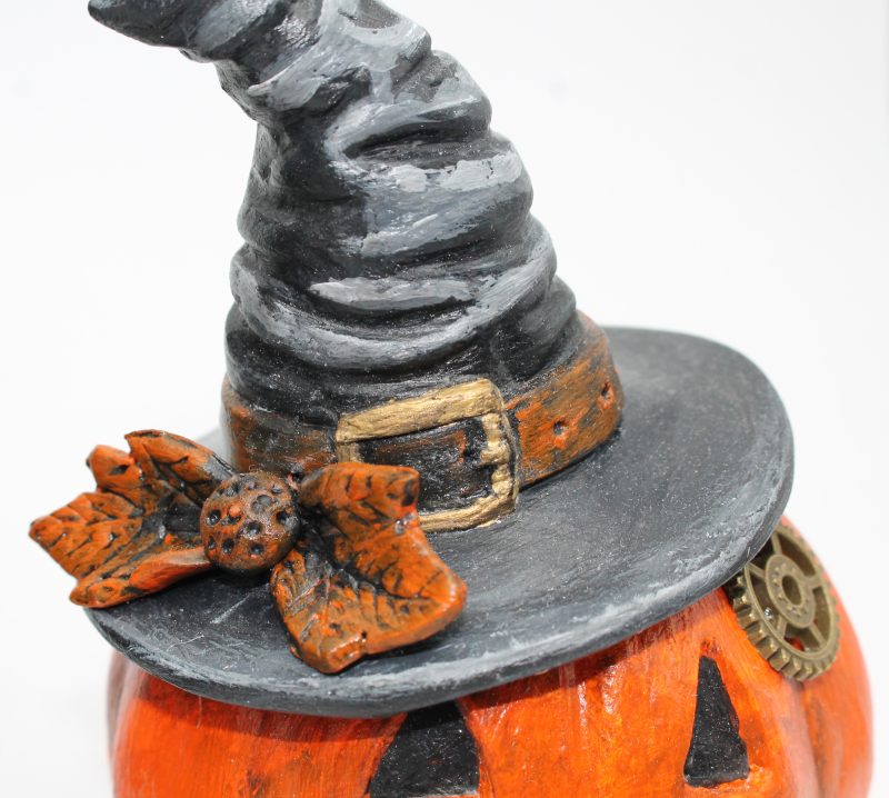Handmade Halloween Cat Algernon with Pumpkin, Paper Clay Figurine