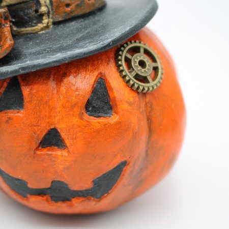 Handmade Halloween Cat Algernon with Pumpkin, Paper Clay Figurine