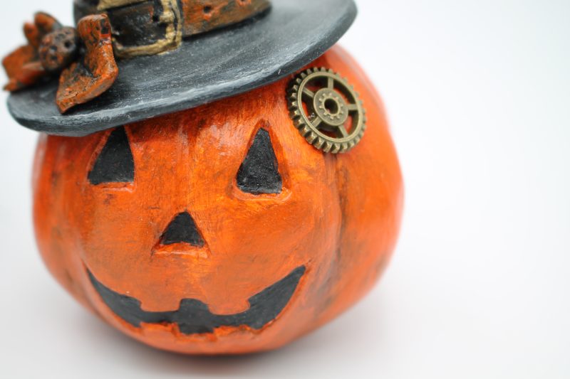 Handmade Halloween Cat Algernon with Pumpkin, Paper Clay Figurine