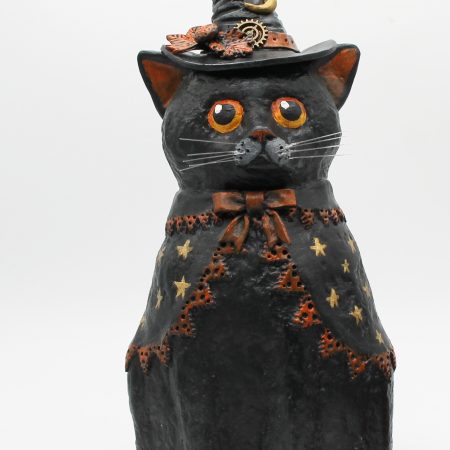 Handmade Halloween Cat Algernon with Pumpkin, Paper Clay Figurine