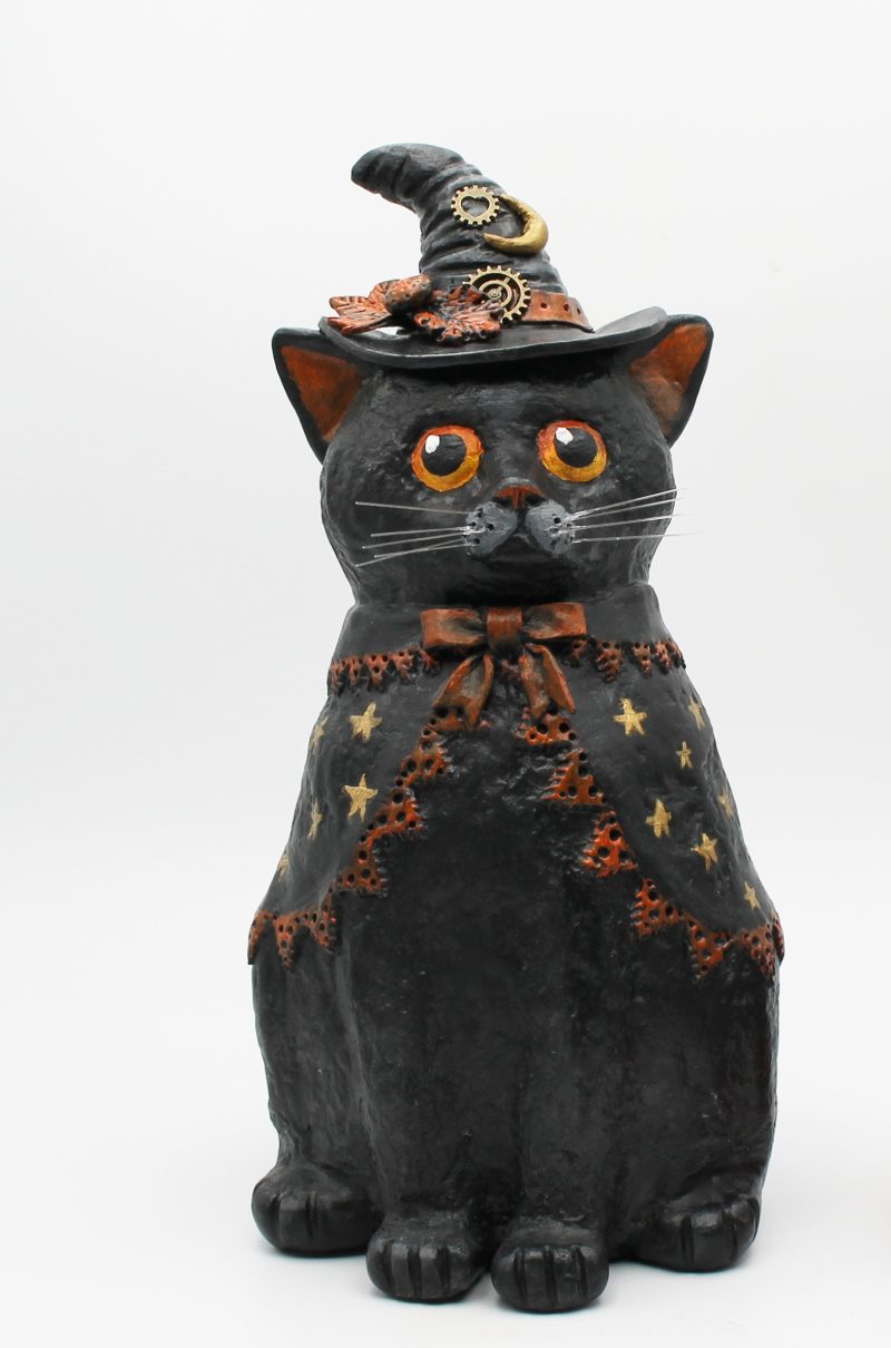 Handmade Halloween Cat Algernon with Pumpkin, Paper Clay Figurine