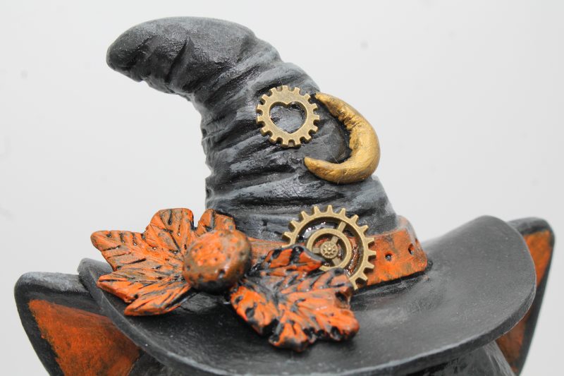 Handmade Halloween Cat Algernon with Pumpkin, Paper Clay Figurine