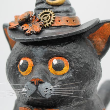 Handmade Halloween Cat Algernon with Pumpkin, Paper Clay Figurine