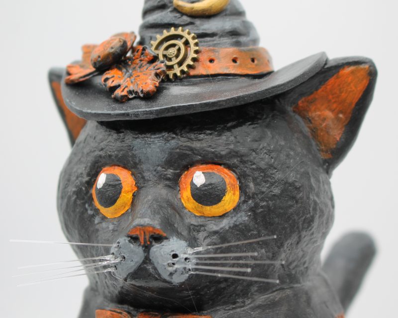 Handmade Halloween Cat Algernon with Pumpkin, Paper Clay Figurine