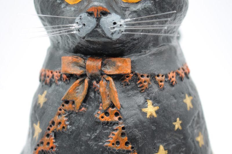 Handmade Halloween Cat Algernon with Pumpkin, Paper Clay Figurine