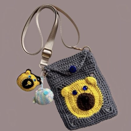 Handmade Crochet Bear Crossbody Phone Bag – Cute Gray & Yellow Pouch with Charms