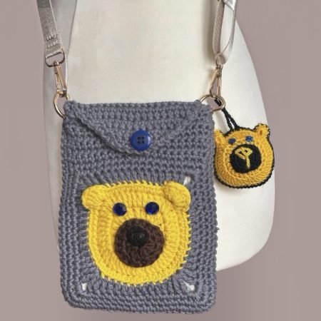 Handmade Crochet Bear Crossbody Phone Bag – Cute Gray & Yellow Pouch with Charms