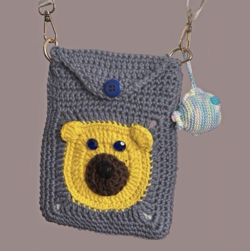Handmade Crochet Bear Crossbody Phone Bag – Cute Gray & Yellow Pouch with Charms