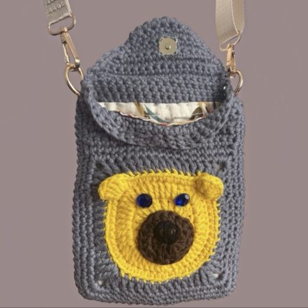 Handmade Crochet Bear Crossbody Phone Bag – Cute Gray & Yellow Pouch with Charms