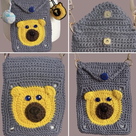 Handmade Crochet Bear Crossbody Phone Bag – Cute Gray & Yellow Pouch with Charms